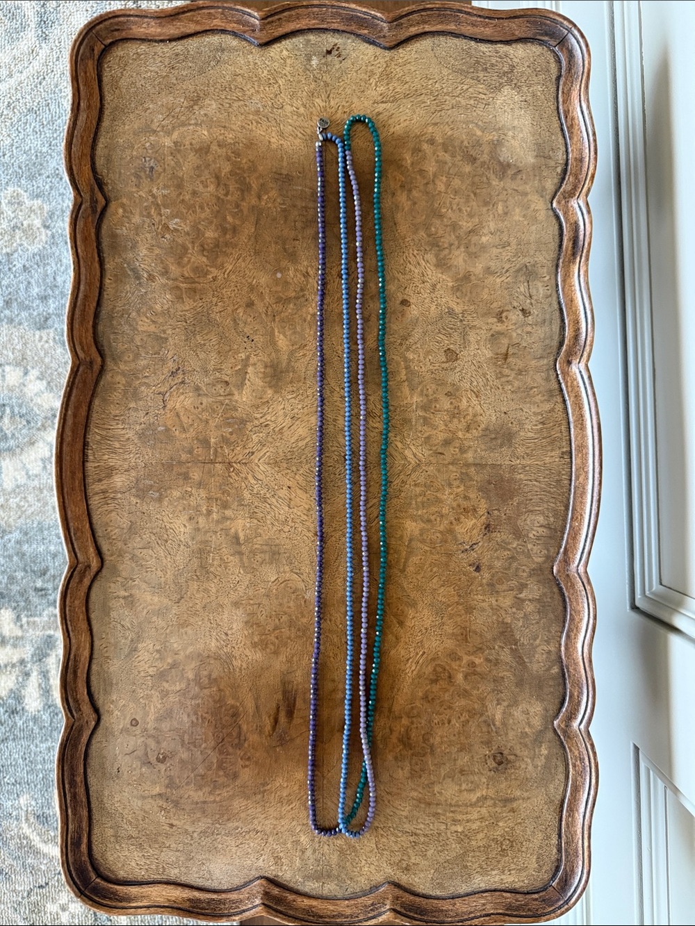 Long Beaded Single Strand Necklace in Teal Blue and Purple